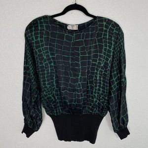 Valentino Black and Green Croc Print Blouse